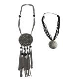 Two Silver-Tone & Black Bead Medallion Necklaces