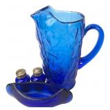 Japan Cobalt Blue Glass Pitcher & Shaker Set