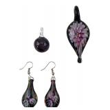 Art Glass Floral Pendant & Earring Set