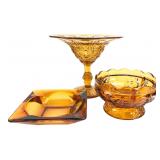 Amber Pressed Glass Compote, Bowl & Ashtray