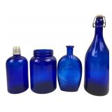 Four Cobalt Blue Glass Bottles & Jar
