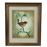 Signed E.M.A. Framed Watercolor Bird Painting