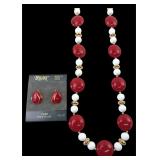 Trifari Red & White Beaded Necklace & Earring Set