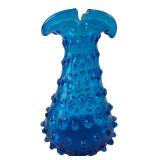Blue Hobnail Glass Ruffled Rim Vase 6.5" H