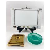 Glass Cutting Board, Brass Base & Glass Bowl