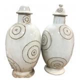 Pair of 24" White Ceramic Dotted Covered Jars