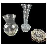 Clear Etched Glass Vases & Mementos Dish Lot