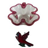 Pink Rim Art Glass Bowl & Cardinal Suncatcher