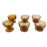 Six Amber Pressed Glass Footed Dessert Bowls
