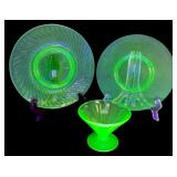 3pc Green Uranium Glass Plates & Sherbet