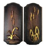 Pair Vintage Metal Cattail Wall Plaques