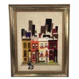 Framed Townhouse Cityscape Textile Art