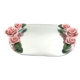 Oval Mirror Vanity Tray with Pink Ceramic Roses