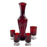 Ruby Red Glass Vase & 4 France Glasses