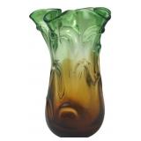 Green and Amber Hand-Blown Art Glass Vase