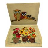 Vintage Crewel Embroidery Owl & Flower Wall Art