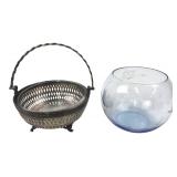 Apollo Silver Co Basket & Etched Blue Glass Bowl