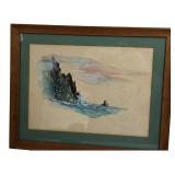 Signed HOPPY Watercolor Coastal Scene Painting
