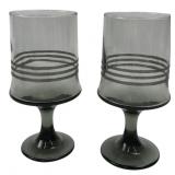 Pair Smoky Gray Glass Goblets with Silver Bands