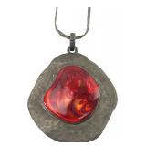 925 Silver Chain & Large Red Enamel Pendant
