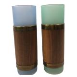 Pair MCM Frosted Glass & Wood Tumblers