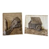 Pair of Mixed Media Lighthouse & Mill Art