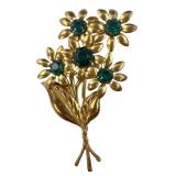 Gold-Tone Green Rhinestone Floral Brooch