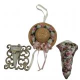 Floral Wall Pocket, Sconce & Straw Hat