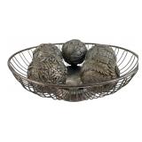 Set of 5 Decorative Spheres in Wire Bowl