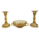 3pc Amber Pressed Glass Candlesticks & Bowl Set