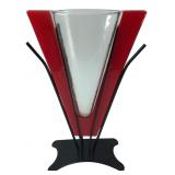 Geometric Red & Clear Art Glass Vase on Stand