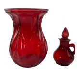 Avon Red Glass Bath Foam Bottle & Swirl Vase