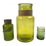 Set of 3 Green Glass Vases & Votive Holder