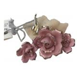 Coro Glazed Pink Rose Brooch & Earrings Set