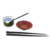 Green Enamel Pot, Red Bowl & Chopsticks