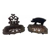 Pair of Cast Iron Soap Dishes Pig & Scroll