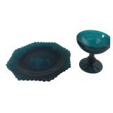 Teal Pressed Glass Eagle Plate & Compote