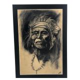 Signed Kathy Charcoal Native American Portrait