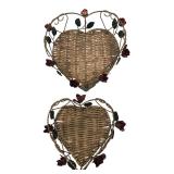 Pair Heart-Shaped Metal & Wicker Rose Baskets