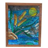 Framed Painted Glass Cattails & Dragonfly Art