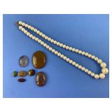 Faux Pearl Graduated Necklace & Polished Stones