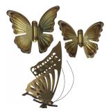 Set of 3 Brass Metal Butterfly Wall Decor
