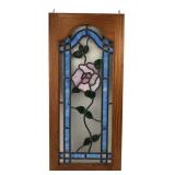 Framed Leaded Stained Glass Rose Panel 28x13