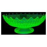 Uranium Glass Sawtooth Pedestal Bowl 10"
