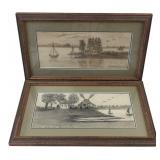 M. Hunter Pair of Framed Landscape Drawings 1964
