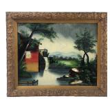Reverse Painted Glass Mill Scene w/ Pearl Inlay