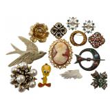 VTG Costume Jewelry Brooch Lot Cameo Bird Tweety