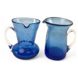 Pair Cobalt Blue Crackle Glass Pitchers 3.5" H