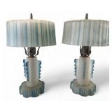 Pair Art Deco Blue Frosted Glass Boudoir Lamps