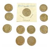 Lot of 11 Buffalo Nickels w/ Clown Hobo Nickel